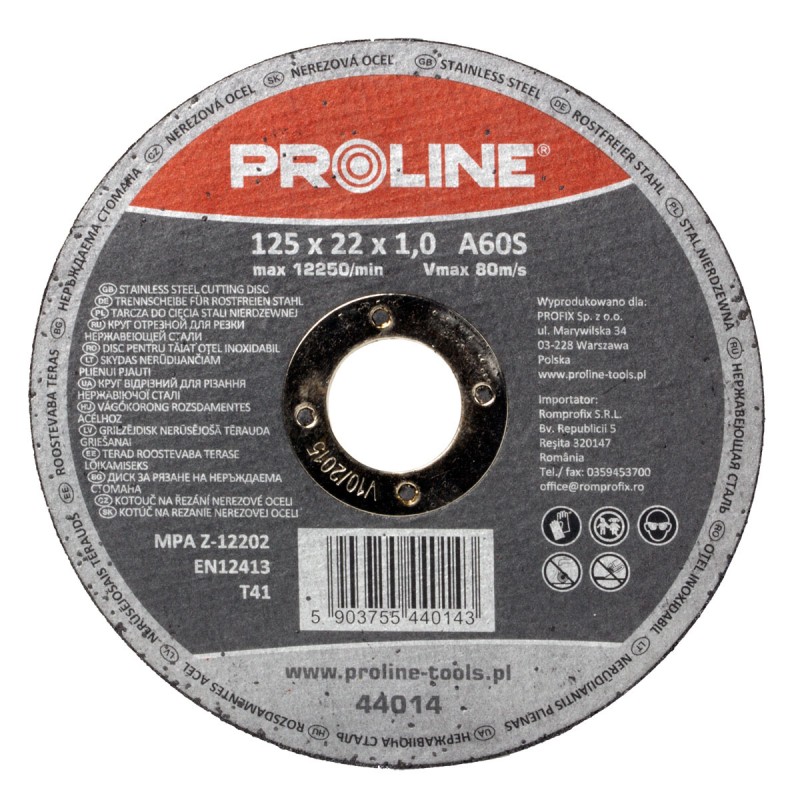 CUTTING DISC FOR STAINLESS STEEL T41, 115X1.0X22A60S PROLINE 44013