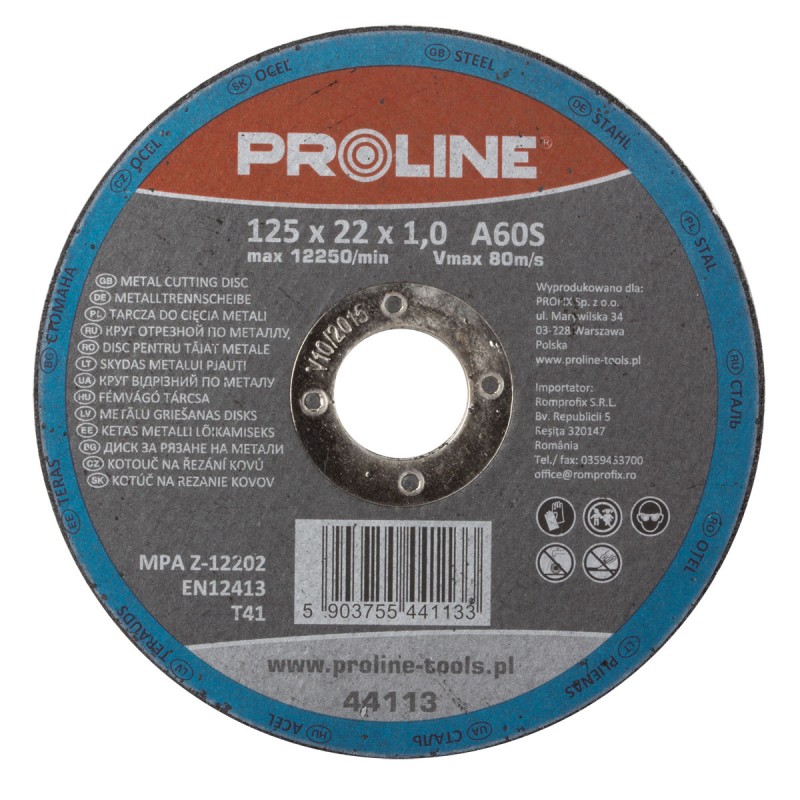 CUTTING DISC FOR METAL, T41, 115X1.0X22A60S PROLINE 44110