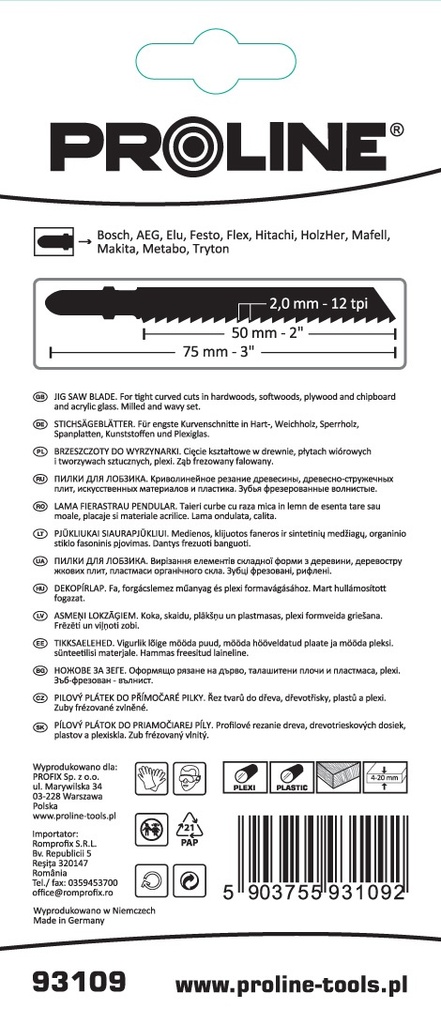 JIG SAW BLADE, WOOD, 50*75 12TPI-2.00MM B 5 PCS, PROLINE Profix code 93109