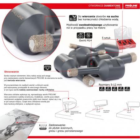 DIAMOND HOLE SAW SET, 5-12MM, 5PCS, M14, PROLINE 27270