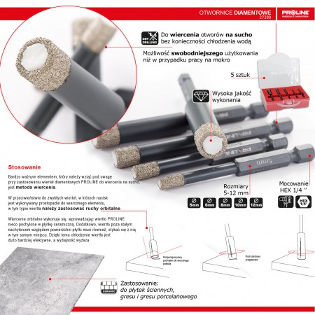 DIAMOND HOLE SAW SET, 5-12MM, 5PCS, HEX, PROLINE 27280