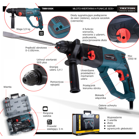 HAMMER DRILL 1050W, SDS+, 4 FUNCTION, BMC, ACCESSORIES TRYTON TMM1050K