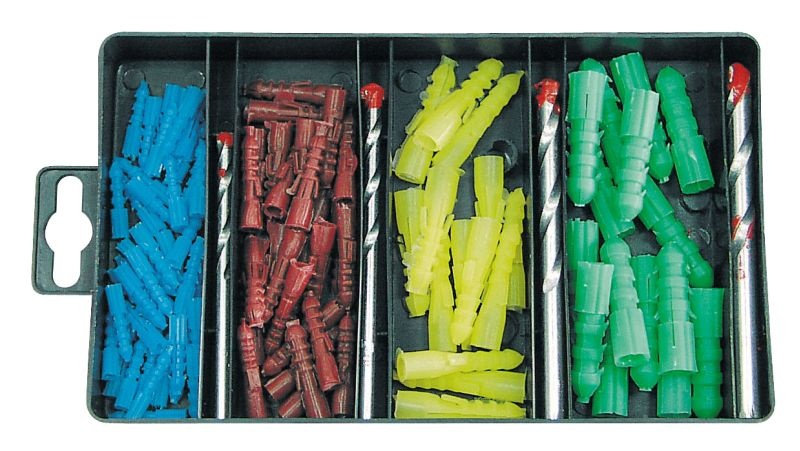 MASONRY DRILLS 4PCS+120 PCS WALL PLUGS TOGETHER PLASTIC BOX Profix code 47003