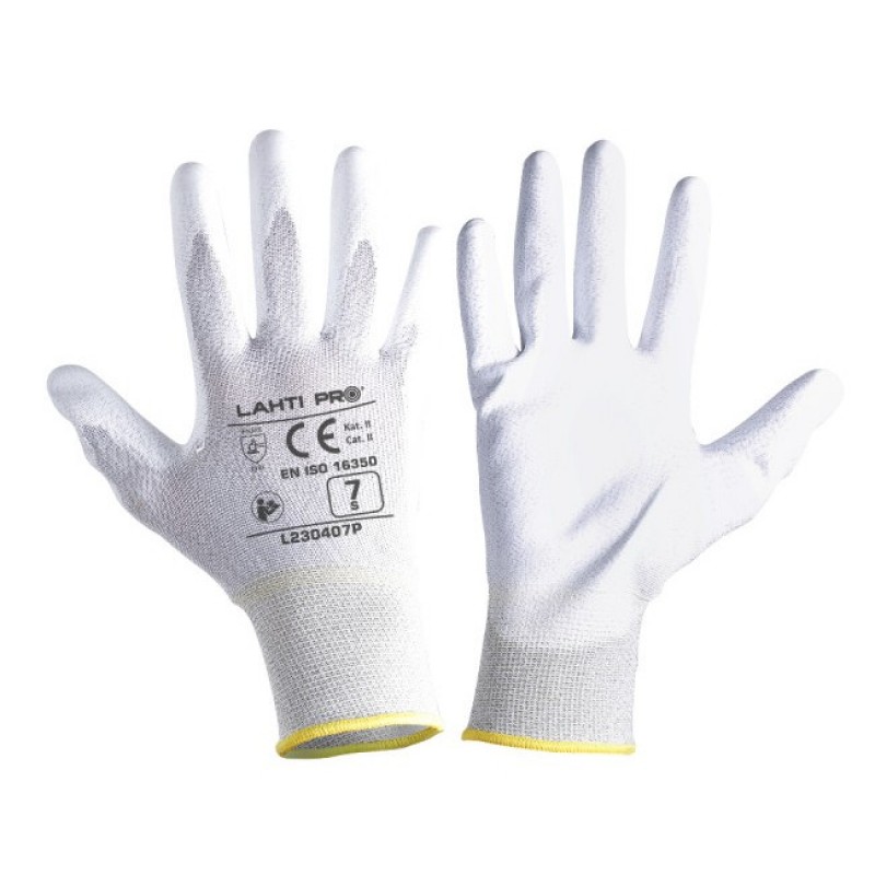 GLOVES PU ANTISTAT. WHITE L230409P, CARD, "9", CE, LAHTI PROFIX L230409K