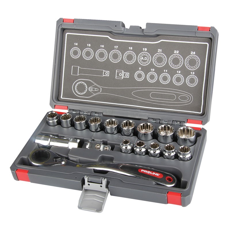 SPLINE GO-THROUGH SOCKET SET WITH RATCHET 17PCS CRV PROLINE 58717