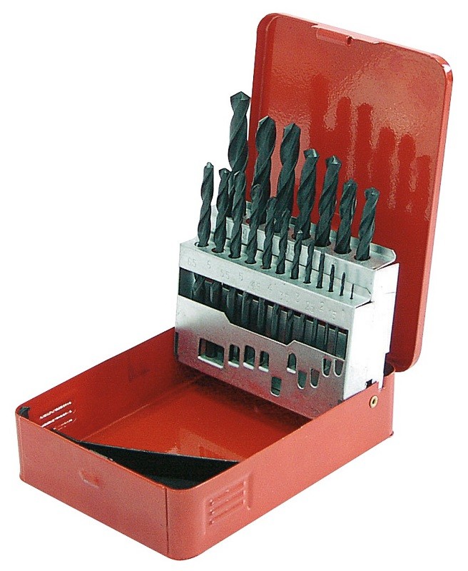 19PCS HSS DRILLS SET(1-10MM)RED METAL BOX SHRINK WRAPPED code : 26219