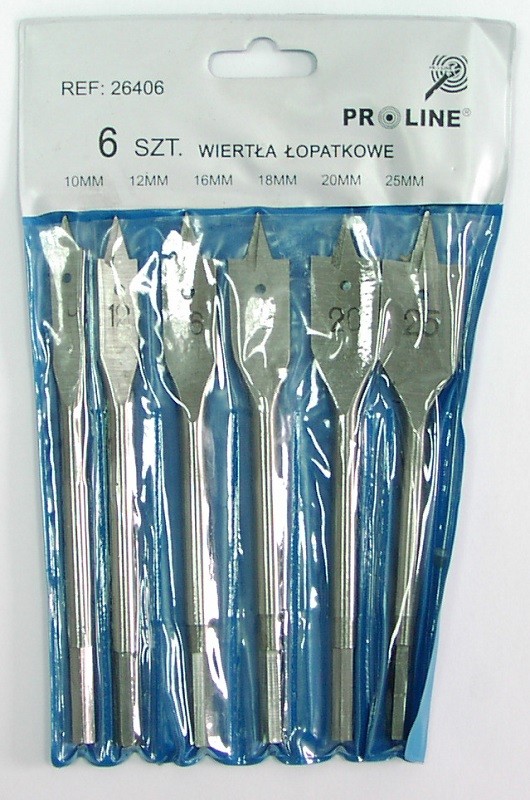 6PCS FLAT WOOD DRILL SET. CONTENTS: 10,12,16,18,20,25MM.code:26406