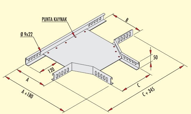 METAL KABEL KANALI ÜÇÜN   T-ŞƏKİLLİ DİRSƏK (DÖNÜŞ) EN:200mm. H:50mm. T:1mm kod GT-A20/5 90R PG GERSAN