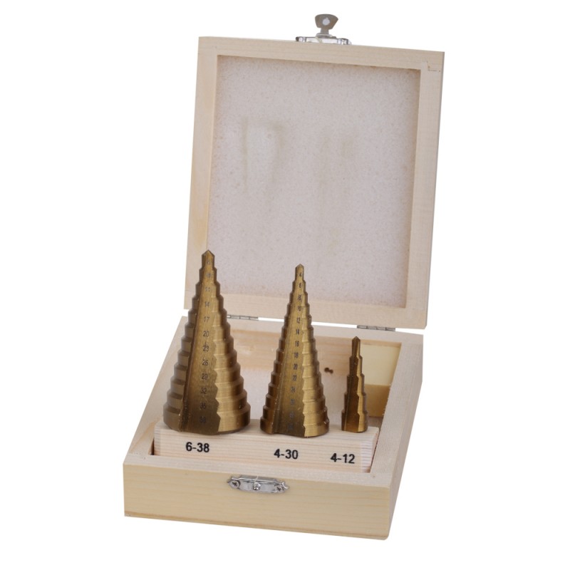 3PCS, SPIRAL STEP DRILL SET HSS TIN 4.0-12.0 MM,4.0-30.0 MM,6.0-38.0 MM PROLINE 77803