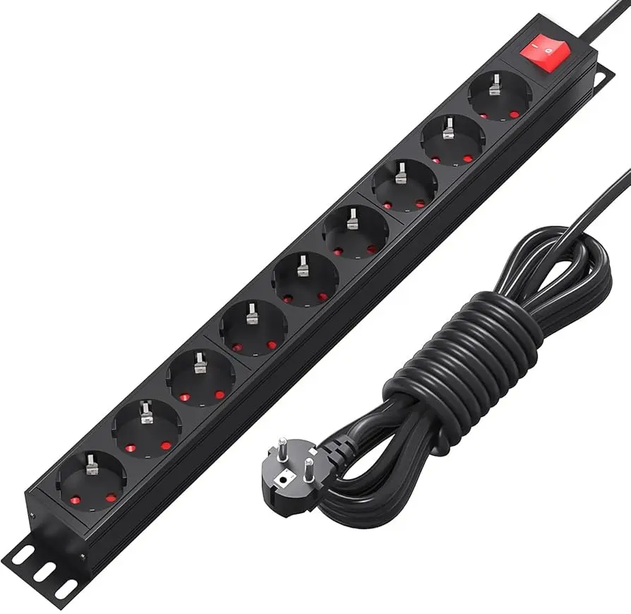 1U 9-lu Rəf Tipi Uzadıcı, Açarlı, 1.5m Kabel – Şuko Prizlər PDU-1U-09SCH-1M5