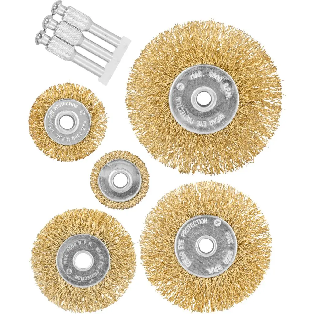 Steel Brush Set (25, 40, 50, 60, 74 mm, Brass-coated wire) Set 5 pcs + Stem, PROFIX 32200
