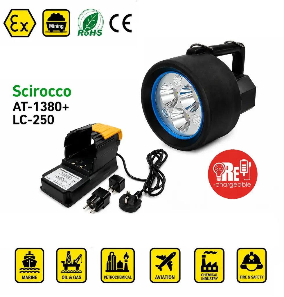 ATEX Partlayışdan Mühafizəli Şarj Olunan Əl Fənəri Dəsti Scirocco Centurion AT-1380+LC-250