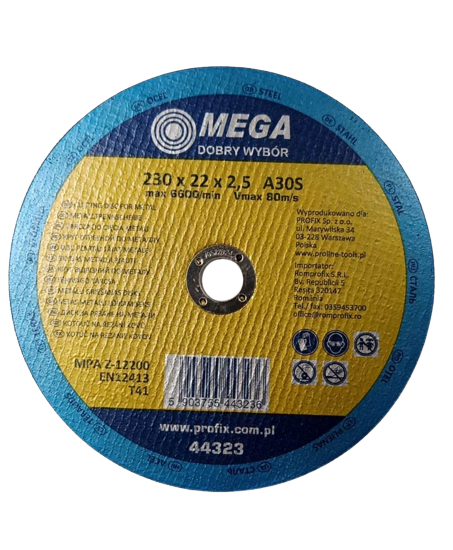 CUTTING DISK FOR METAL, T41, 230X2.5X22A30S PROFIX 44323