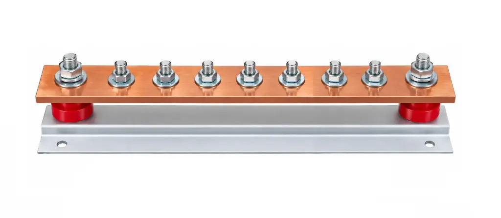 Copper Grounding Busbar 300×50×6 mm with Insulators, 7-Bolt CGB-300-50-6-7B