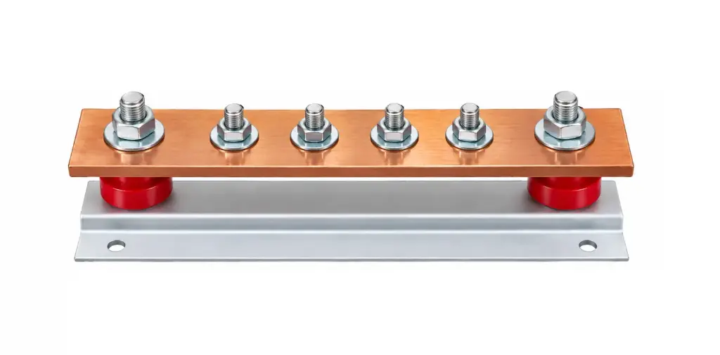 Copper Grounding Busbar 200×50×6 mm with Insulators, 4-Bolt CGB-200-50-6-4B