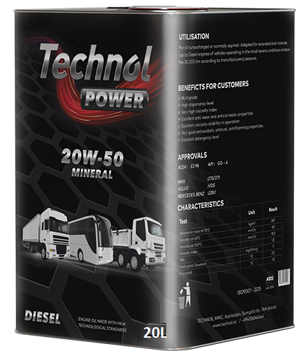 Technol Power Mühərrik Yağı 20W-50 20-Litr