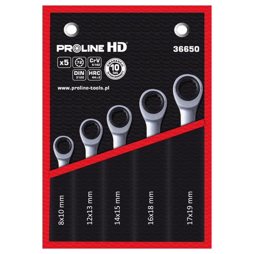 RATCHET RING SPANNERS, 5PCS SET. 8-19MM, PROLINE Code 36650