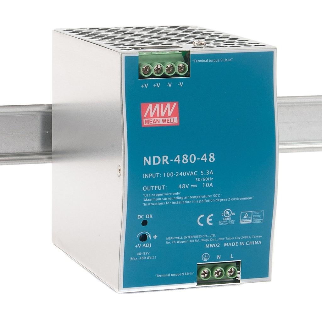 AC-DC Single output Industrial DIN rail power supply; Output 48Vdc at 10A; MEAN WELL NDR-480-48 