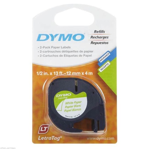 12mm x 4m White Paper Letra TAG tape DYMO 91200