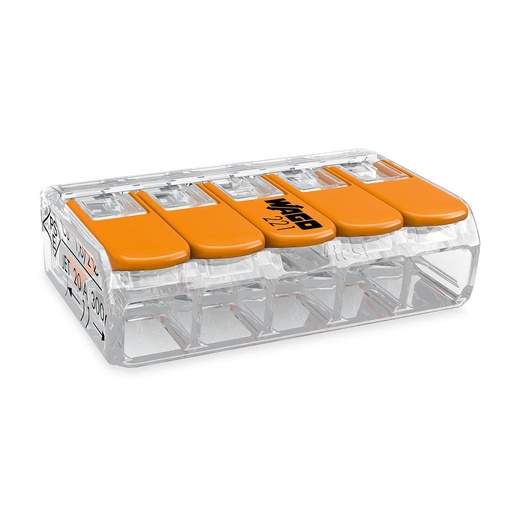 Pluggable Terminal Block, Lever-Nuts, 5 Positions, 24AWG to 12AWG, 4 mm², Push In Lock, 32 A WAGO 221-415