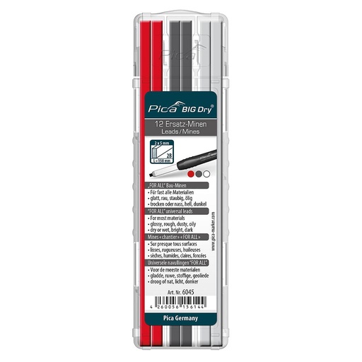 BIG-Dry Refill-set Box of 12 leads 2B  FOR ALL red,graphite,white Pica 6045