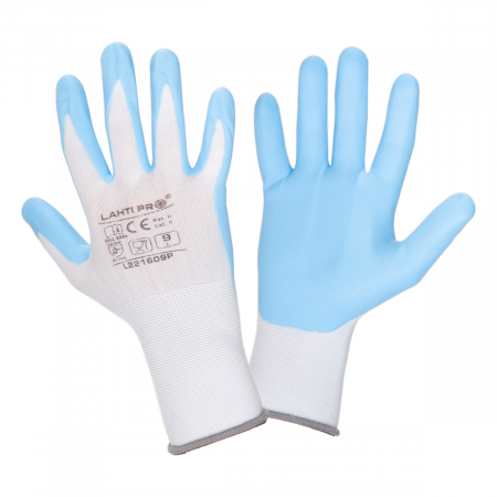 GLOVES NITRILE WHITE-BLUE L221610P, CARD, "10", CE, LAHTI L221610K
