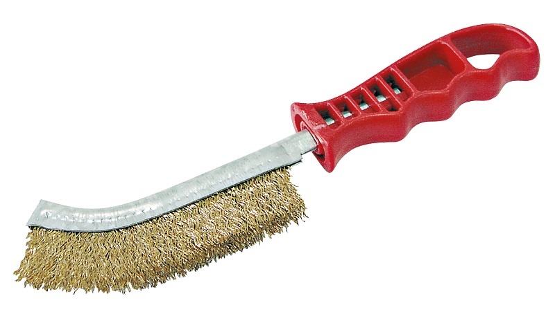 WIRE BRUSH. STEEL WIRE COATED WITH BRASS. HANDLE - RED PLASTIC LABEL ON. code: 32004