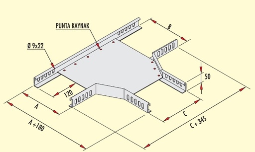 TEE BEND  (T junction) W:300mm. H:50mm. T:1mm code GT-A30/5 90R PG GERSAN